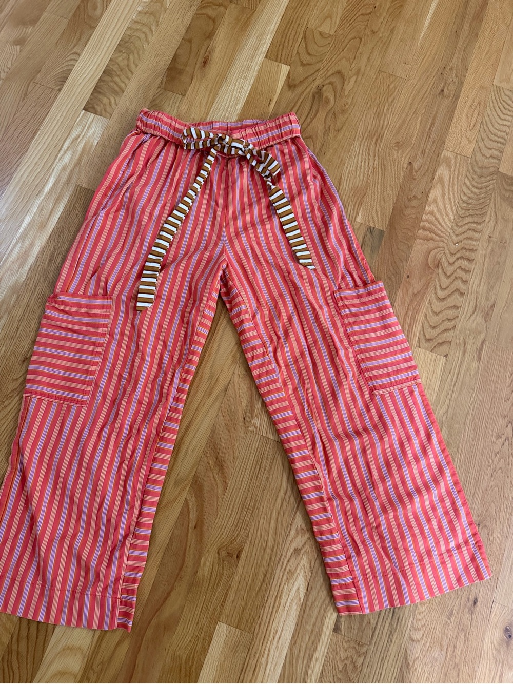 Striped Coral-Pink Wide-Leg Pajama Pants with Contrast Tie